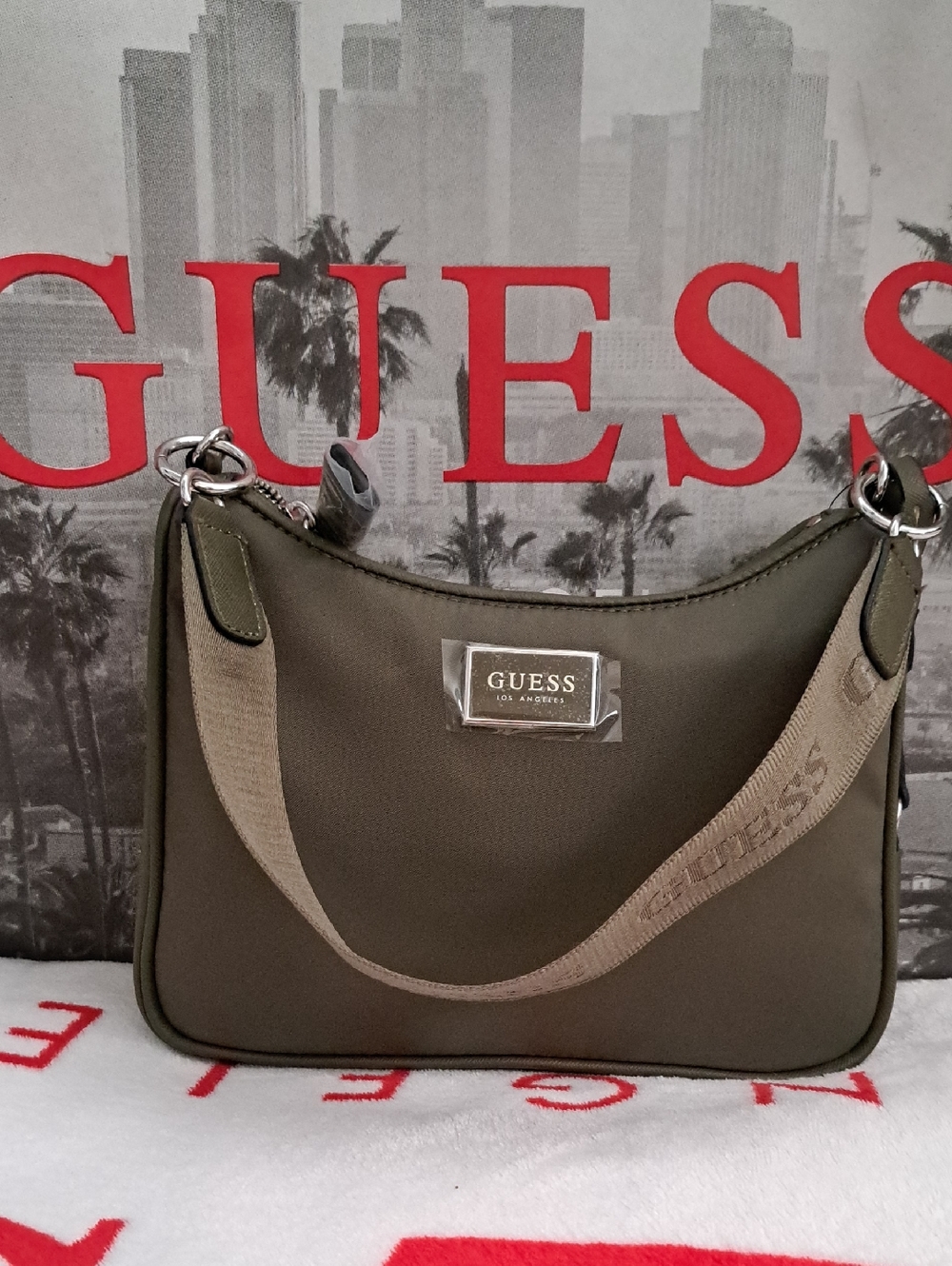 GUESS Olive Green Crossbody with Branded Strap Bag Purse